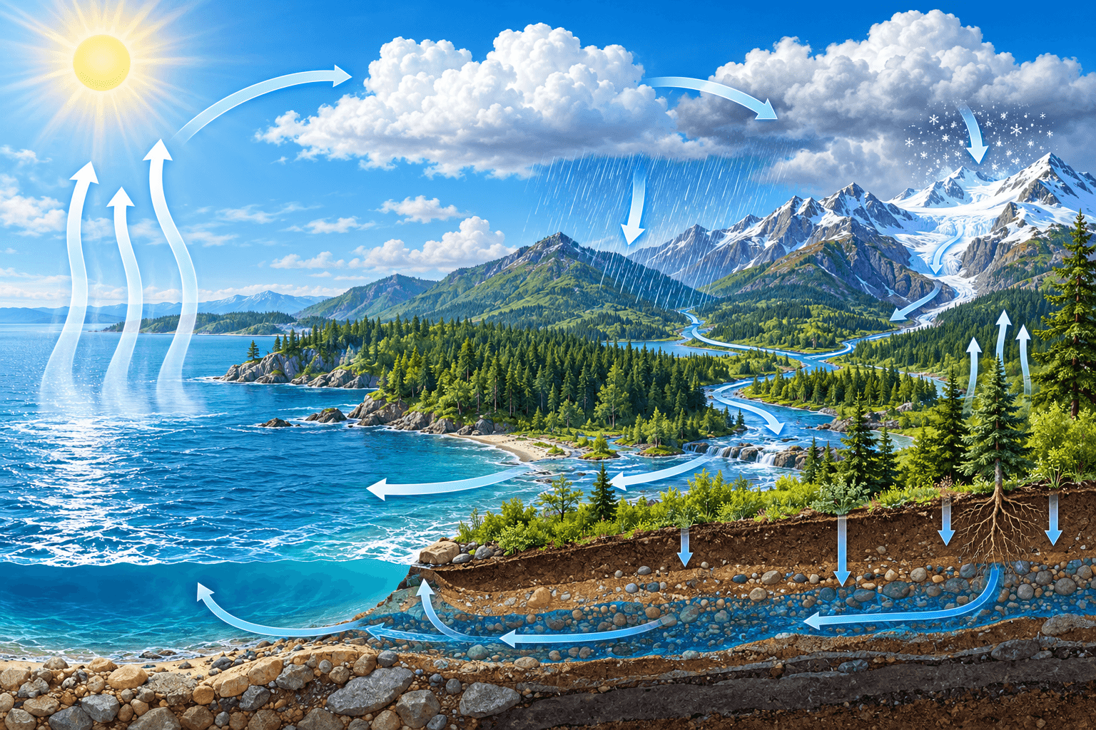 Illustration du cycle de l’eau dans un paysage canadien
